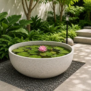 Pot teratai teraso premium dengan tanaman teratai air sebagai dekorasi taman minimalis modern.