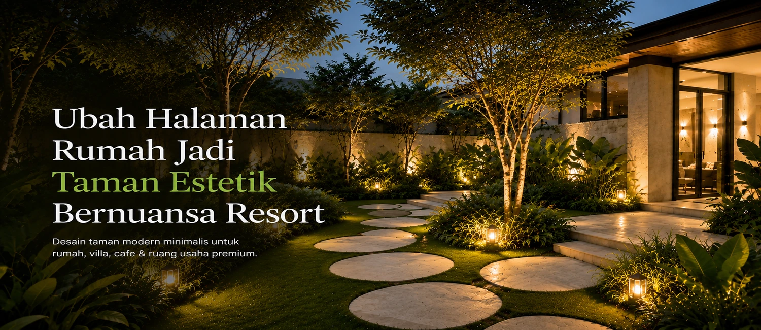 Jasa desain taman estetik modern untuk rumah minimalis, villa, cafe, dan ruang usaha premium dengan konsep resort tropical.