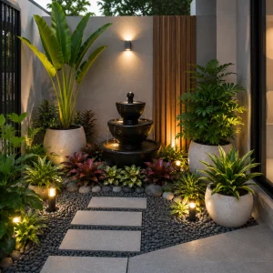 Paket taman minimalis premium dengan air mancur bertingkat, pot teraso putih, tanaman tropis, batu koral, dan pencahayaan taman modern.