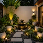 Paket taman minimalis plus dengan air mancur bertingkat, pot teraso premium, tanaman tropis, lampu taman, dan batu koral dekoratif.