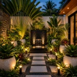 Paket taman tropis premium dengan water wall modern, Pisang Kipas Bali, pot teraso premium, tanaman tropis, dan lampu taman dekoratif.