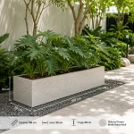 Pot teraso kotak persegi panjang ukuran 100x30x30 cm dengan tanaman Philo Selloum sebagai dekorasi taman minimalis modern.