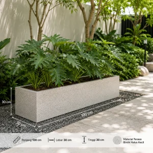 Pot teraso kotak persegi panjang ukuran 100x30x30 cm dengan tanaman Philo Selloum sebagai dekorasi taman minimalis modern.