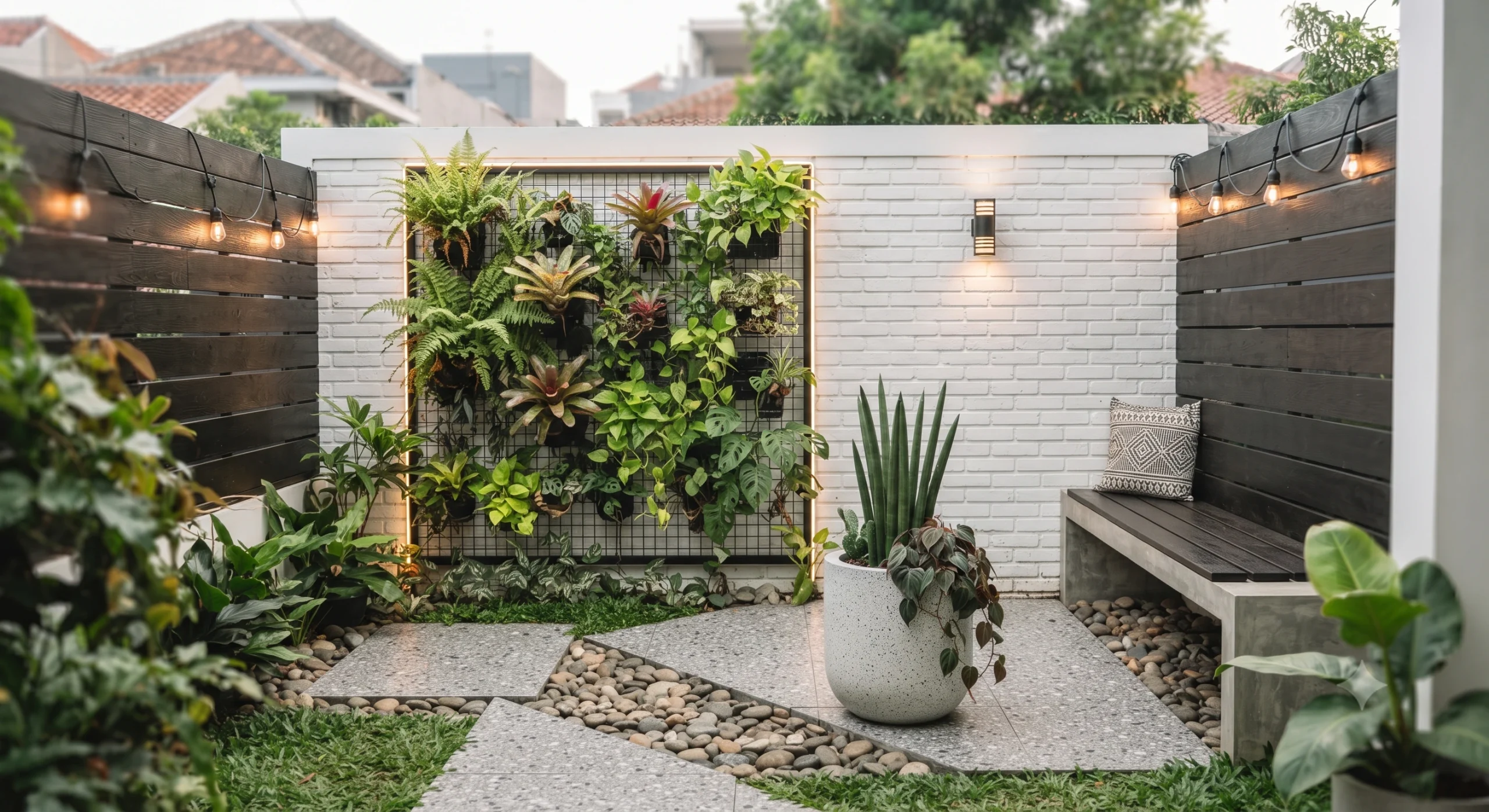 Desain taman minimalis lahan sempit dengan instalasi taman vertikal modern