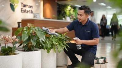 gambar crew sedang merawat tanaman dari tim tanamanrental.com