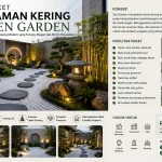 Paket Taman Kering Zen Garden minimalis modern dengan batu koral putih, batu alam, tanaman Podocarpus, dan desain taman Jepang elegan