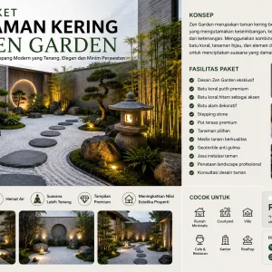 Paket Taman Kering Zen Garden minimalis modern dengan batu koral putih, batu alam, tanaman Podocarpus, dan desain taman Jepang elegan
