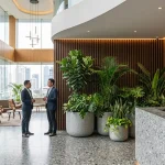 Penataan tanaman hias indoor kantor premium di area lobi perusahaan