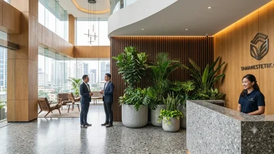 Penataan tanaman hias indoor kantor premium di area lobi perusahaan