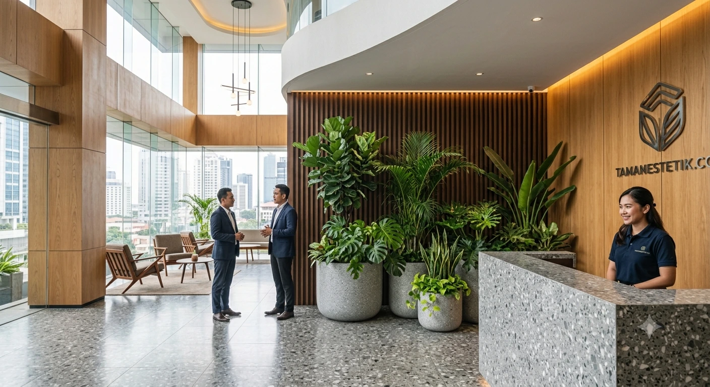 Penataan tanaman hias indoor kantor premium di area lobi perusahaan